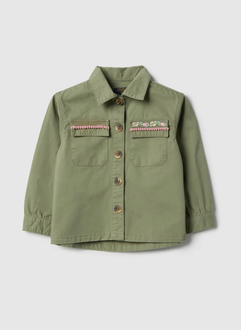 او في اس OVS Regular Fit Girl'S Lightweight Green Pure Cotton Jacket With Embroidery